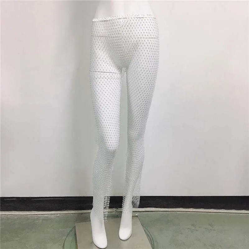 Sexy Y2K Streetwear Fishnet Rhinestone Pants Women Clothing See Through Club Party Pants Vintage Clothes Wide Leg Pants Trousers