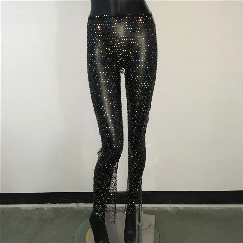 Sexy Y2K Streetwear Fishnet Rhinestone Pants Women Clothing See Through Club Party Pants Vintage Clothes Wide Leg Pants Trousers