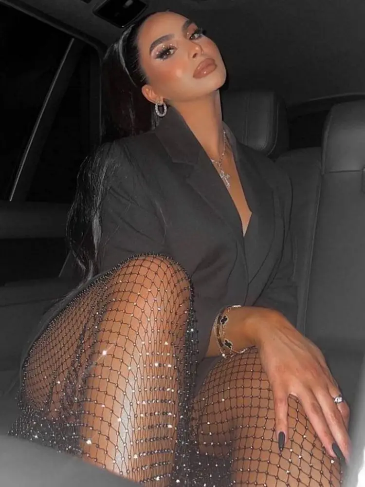 Sexy Y2K Streetwear Fishnet Rhinestone Pants Women Clothing See Through Club Party Pants Vintage Clothes Wide Leg Pants Trousers