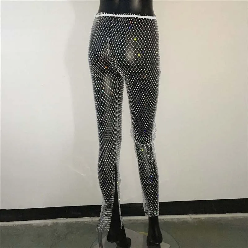 Sexy Y2K Streetwear Fishnet Rhinestone Pants Women Clothing See Through Club Party Pants Vintage Clothes Wide Leg Pants Trousers