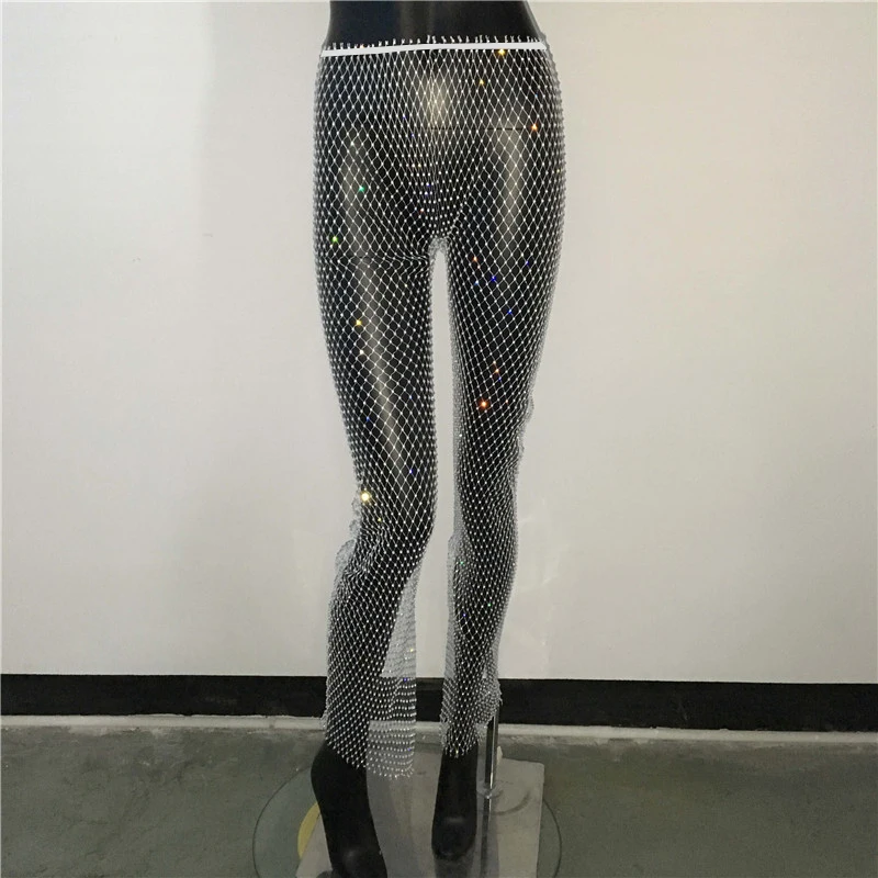 Sexy Y2K Streetwear Fishnet Rhinestone Pants Women Clothing See Through Club Party Pants Vintage Clothes Wide Leg Pants Trousers