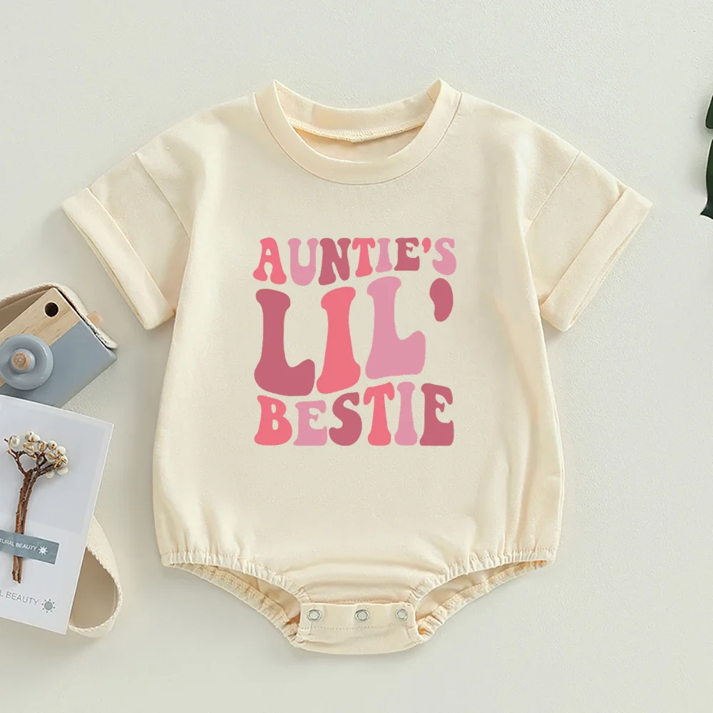 Auntie's Little Bestie Bubble Romper Newborn Baby Girl Boy Clothes Summer Short Sleeve Crewneck Cute Bodysuit Top Outfit