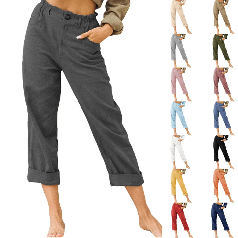 Summer 2026 New Ladies Cotton and Linen Straight Tube Cropped Casual and Comfortable Simple Women Radish Pants