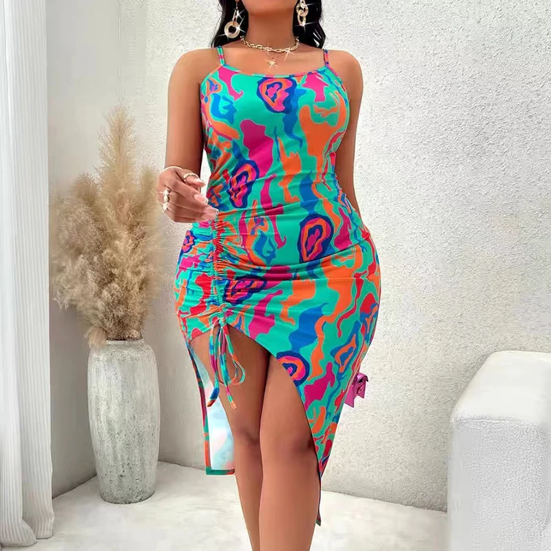 Women Summer Sexy Suspender Long Dress Split Printing Tie Up Dress Fashionable Elegant Club Beach Party Clothing