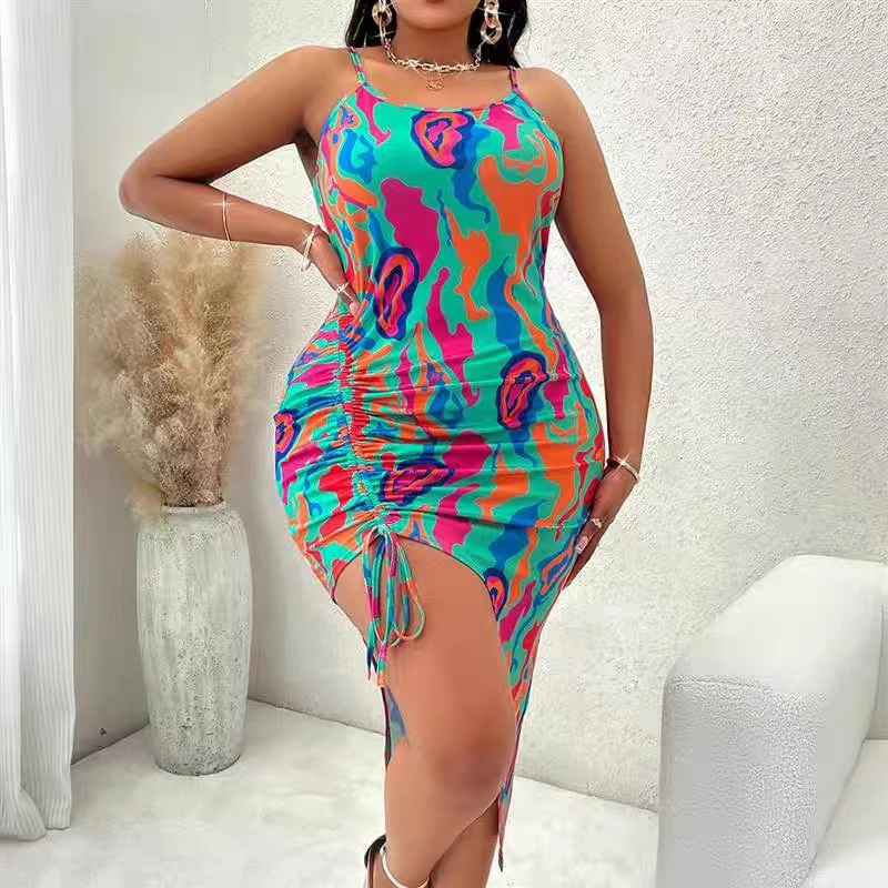 Women Summer Sexy Suspender Long Dress Split Printing Tie Up Dress Fashionable Elegant Club Beach Party Clothing