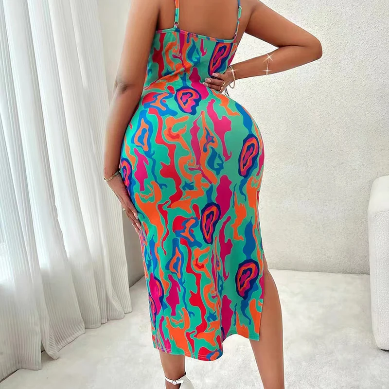 Women Summer Sexy Suspender Long Dress Split Printing Tie Up Dress Fashionable Elegant Club Beach Party Clothing