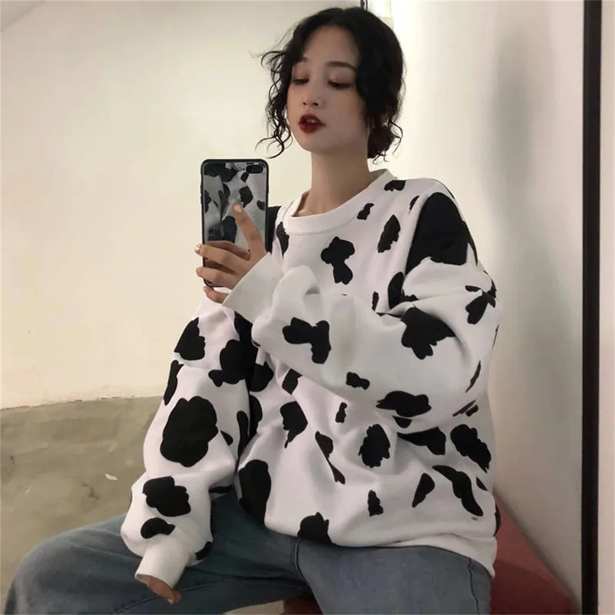 Cute Autumn Cow Milk Printed Girls Pullover Women sweatshirt Female Fashion Loose hoodie sweatshirts O-neck Hoodie Females