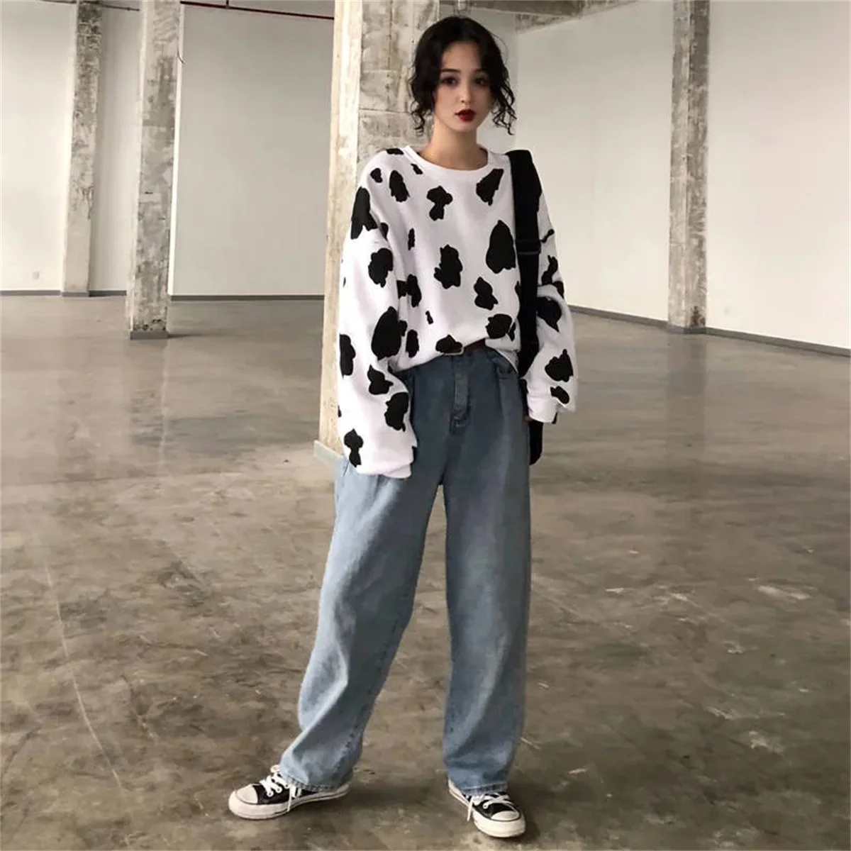 Cute Autumn Cow Milk Printed Girls Pullover Women sweatshirt Female Fashion Loose hoodie sweatshirts O-neck Hoodie Females