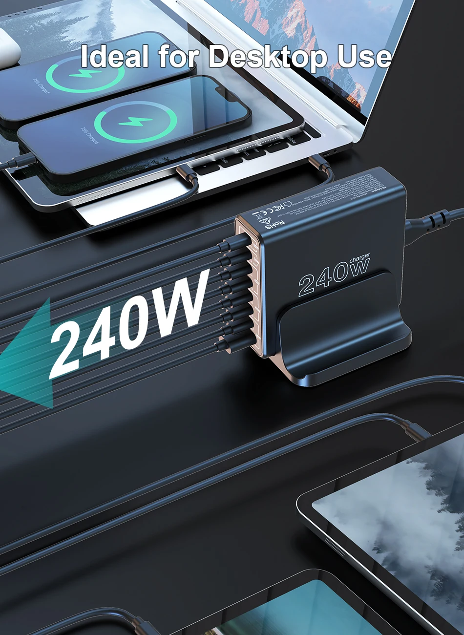 Ubigbuy 240W USB C Charging Station, 8 Ports GaN Desktop Charger, 100W USB-C Laptop Adapter for MacBook Pro/Air iPhone Samsung
