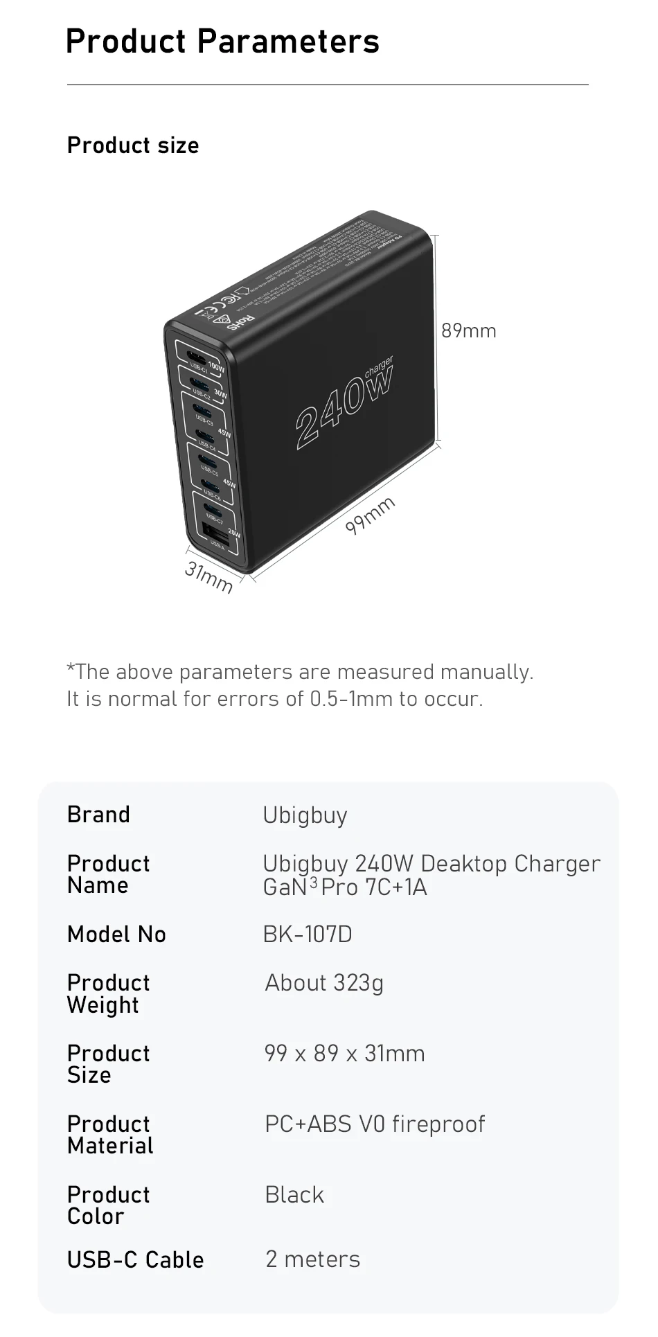 Ubigbuy 240W USB C Charging Station, 8 Ports GaN Desktop Charger, 100W USB-C Laptop Adapter for MacBook Pro/Air iPhone Samsung