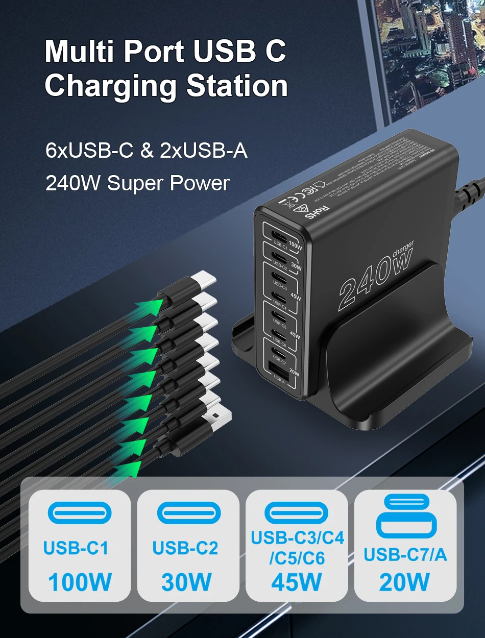 Ubigbuy 240W USB C Charging Station, 8 Ports GaN Desktop Charger, 100W USB-C Laptop Adapter for MacBook Pro/Air iPhone Samsung