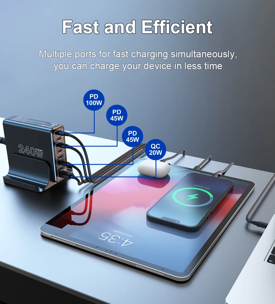 Ubigbuy 240W USB C Charging Station, 8 Ports GaN Desktop Charger, 100W USB-C Laptop Adapter for MacBook Pro/Air iPhone Samsung