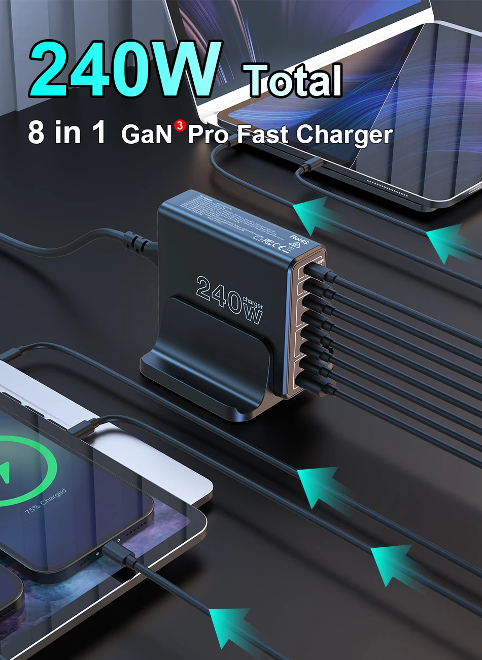 Ubigbuy 240W USB C Charging Station, 8 Ports GaN Desktop Charger, 100W USB-C Laptop Adapter for MacBook Pro/Air iPhone Samsung