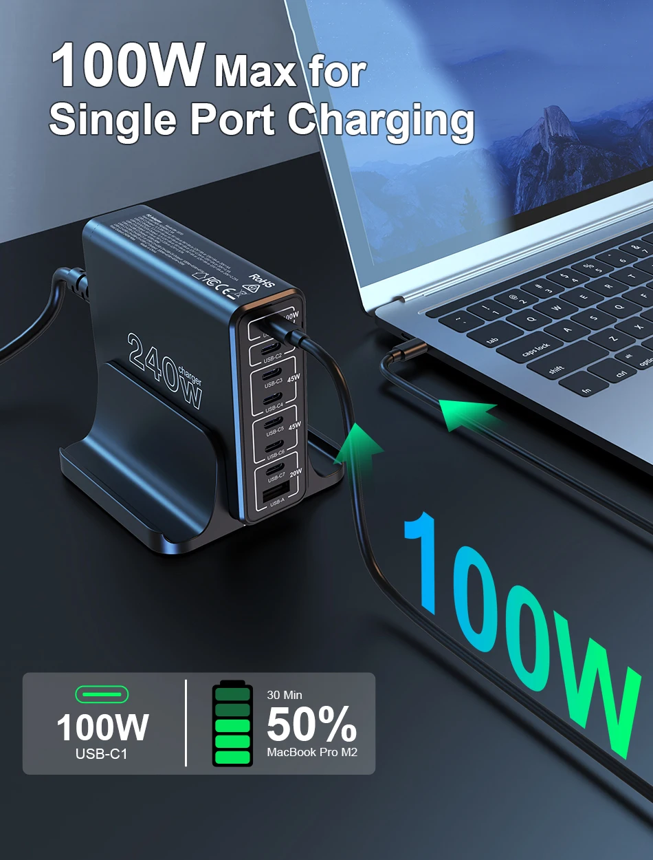 Ubigbuy 240W USB C Charging Station, 8 Ports GaN Desktop Charger, 100W USB-C Laptop Adapter for MacBook Pro/Air iPhone Samsung