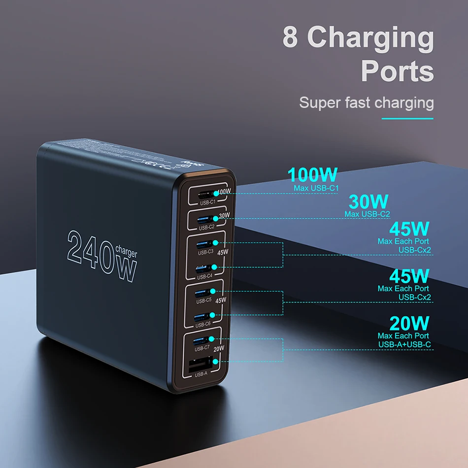 Ubigbuy 240W USB C Charging Station, 8 Ports GaN Desktop Charger, 100W USB-C Laptop Adapter for MacBook Pro/Air iPhone Samsung