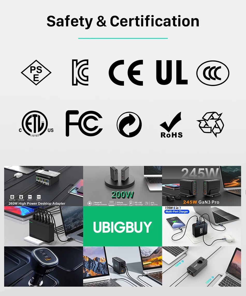 Ubigbuy 240W USB C Charging Station, 8 Ports GaN Desktop Charger, 100W USB-C Laptop Adapter for MacBook Pro/Air iPhone Samsung