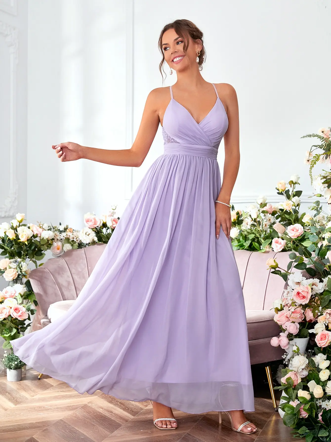 Mgiacy V-neck chiffon pleated elegant drop back halter Dress Evening Gown Ball dress Party dress Bridesmaid dress