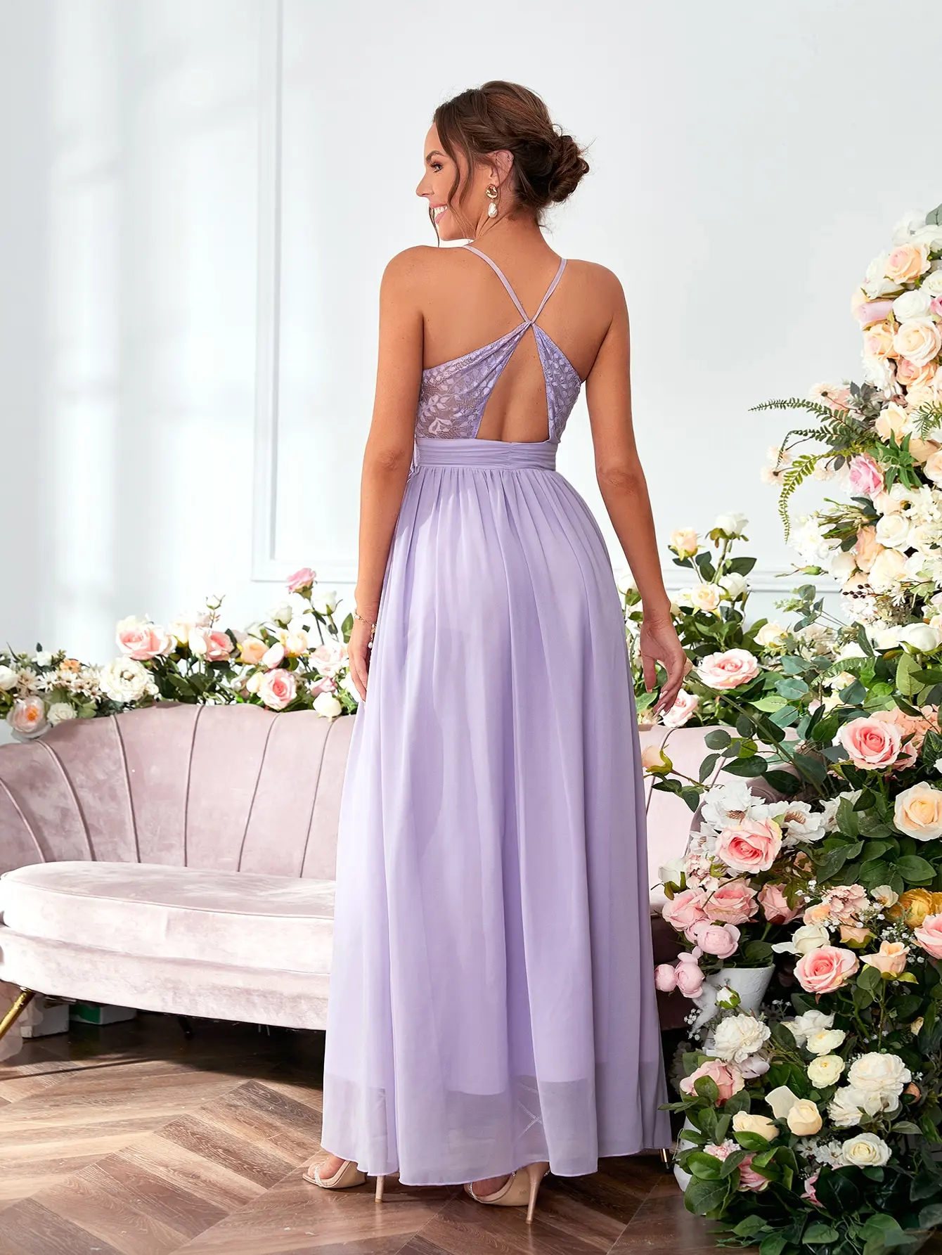Mgiacy V-neck chiffon pleated elegant drop back halter Dress Evening Gown Ball dress Party dress Bridesmaid dress