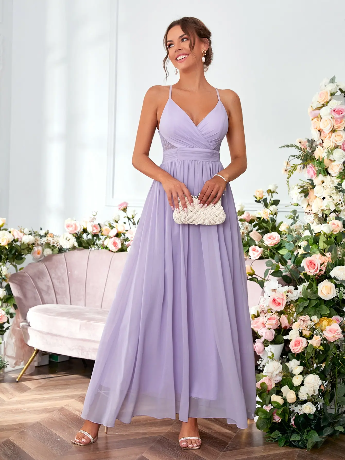 Mgiacy V-neck chiffon pleated elegant drop back halter Dress Evening Gown Ball dress Party dress Bridesmaid dress