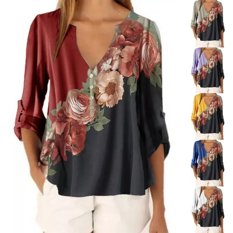 New Summer Women Clothing Women Casual Loose T-hirt Fashion Floral Print Front 3/4 Sleeve Tops V-Neck Pullover Shirts for S-5XL