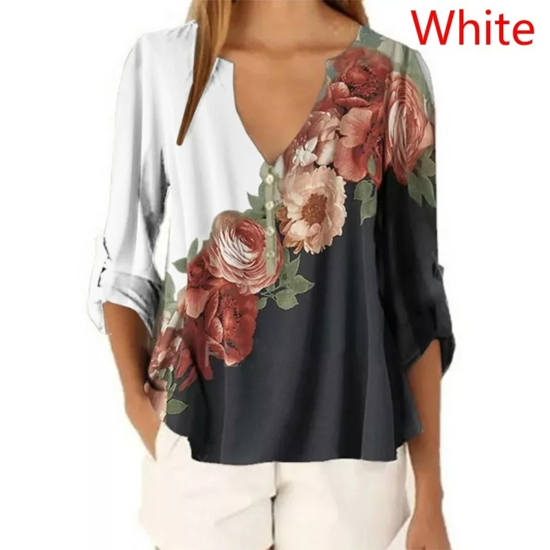 New Summer Women Clothing Women Casual Loose T-hirt Fashion Floral Print Front 3/4 Sleeve Tops V-Neck Pullover Shirts for S-5XL