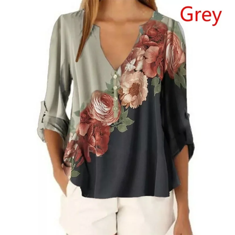 New Summer Women Clothing Women Casual Loose T-hirt Fashion Floral Print Front 3/4 Sleeve Tops V-Neck Pullover Shirts for S-5XL