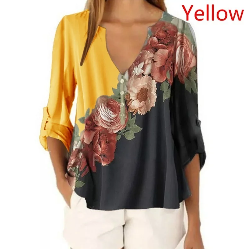 New Summer Women Clothing Women Casual Loose T-hirt Fashion Floral Print Front 3/4 Sleeve Tops V-Neck Pullover Shirts for S-5XL
