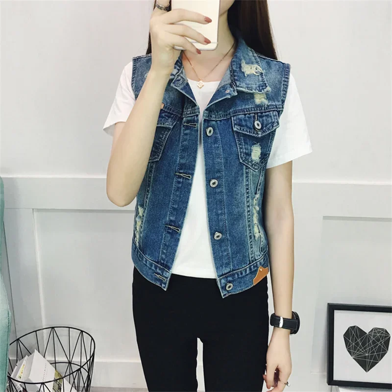 Spring Autumn Denim Vest Women Clothes 2024 New Vintage Hole Sleeveless Jean Waistcoat Short Jacket Female Outerwear 4XL 5XL 6XL