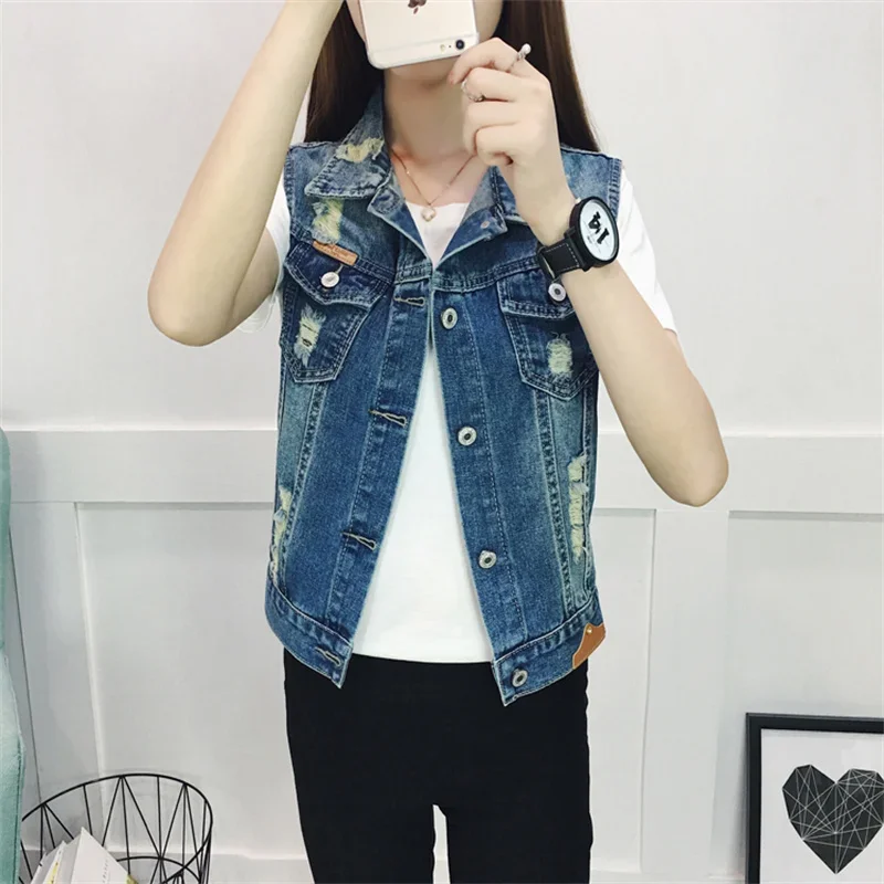 Spring Autumn Denim Vest Women Clothes 2024 New Vintage Hole Sleeveless Jean Waistcoat Short Jacket Female Outerwear 4XL 5XL 6XL