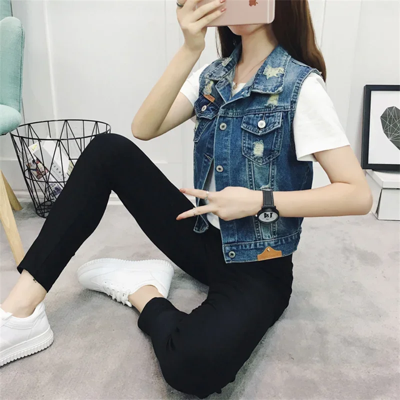 Spring Autumn Denim Vest Women Clothes 2024 New Vintage Hole Sleeveless Jean Waistcoat Short Jacket Female Outerwear 4XL 5XL 6XL