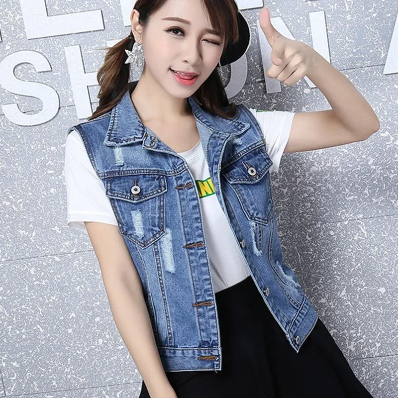 Spring Autumn Denim Vest Women Clothes 2024 New Vintage Hole Sleeveless Jean Waistcoat Short Jacket Female Outerwear 4XL 5XL 6XL