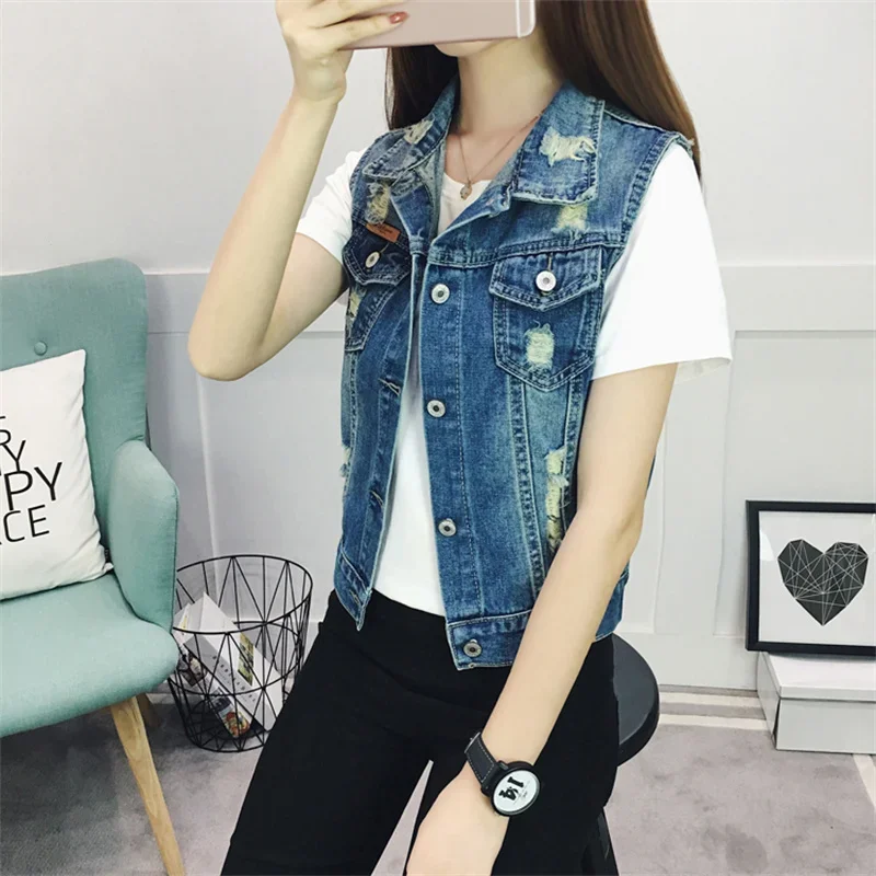 Spring Autumn Denim Vest Women Clothes 2024 New Vintage Hole Sleeveless Jean Waistcoat Short Jacket Female Outerwear 4XL 5XL 6XL