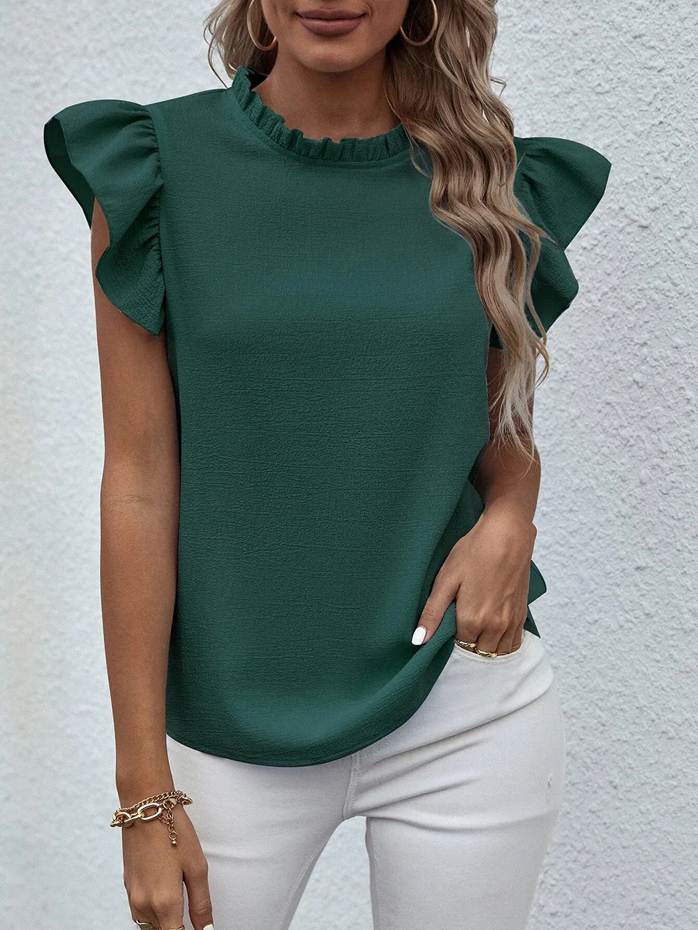 Elegant Ruffles Sleeveless O Neck Loose Blouse Women Summer Casual Solid Shirt Office Lady Chic Simple Luxury Tops Streetwear