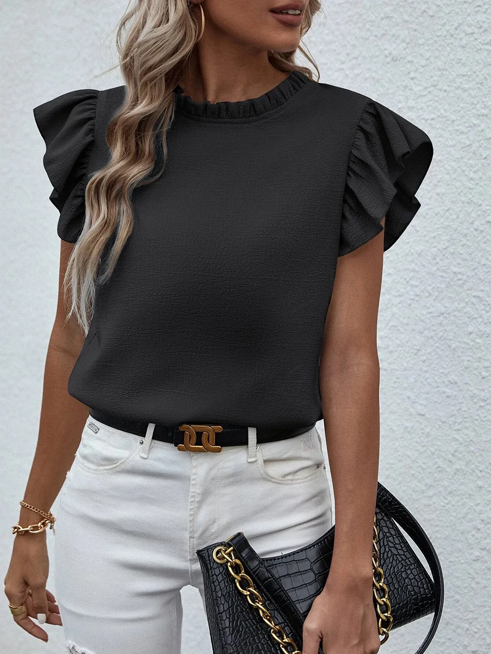 Elegant Ruffles Sleeveless O Neck Loose Blouse Women Summer Casual Solid Shirt Office Lady Chic Simple Luxury Tops Streetwear