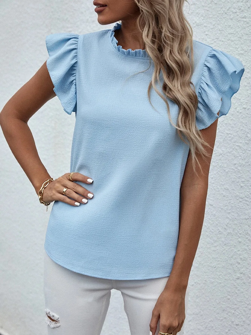 Elegant Ruffles Sleeveless O Neck Loose Blouse Women Summer Casual Solid Shirt Office Lady Chic Simple Luxury Tops Streetwear