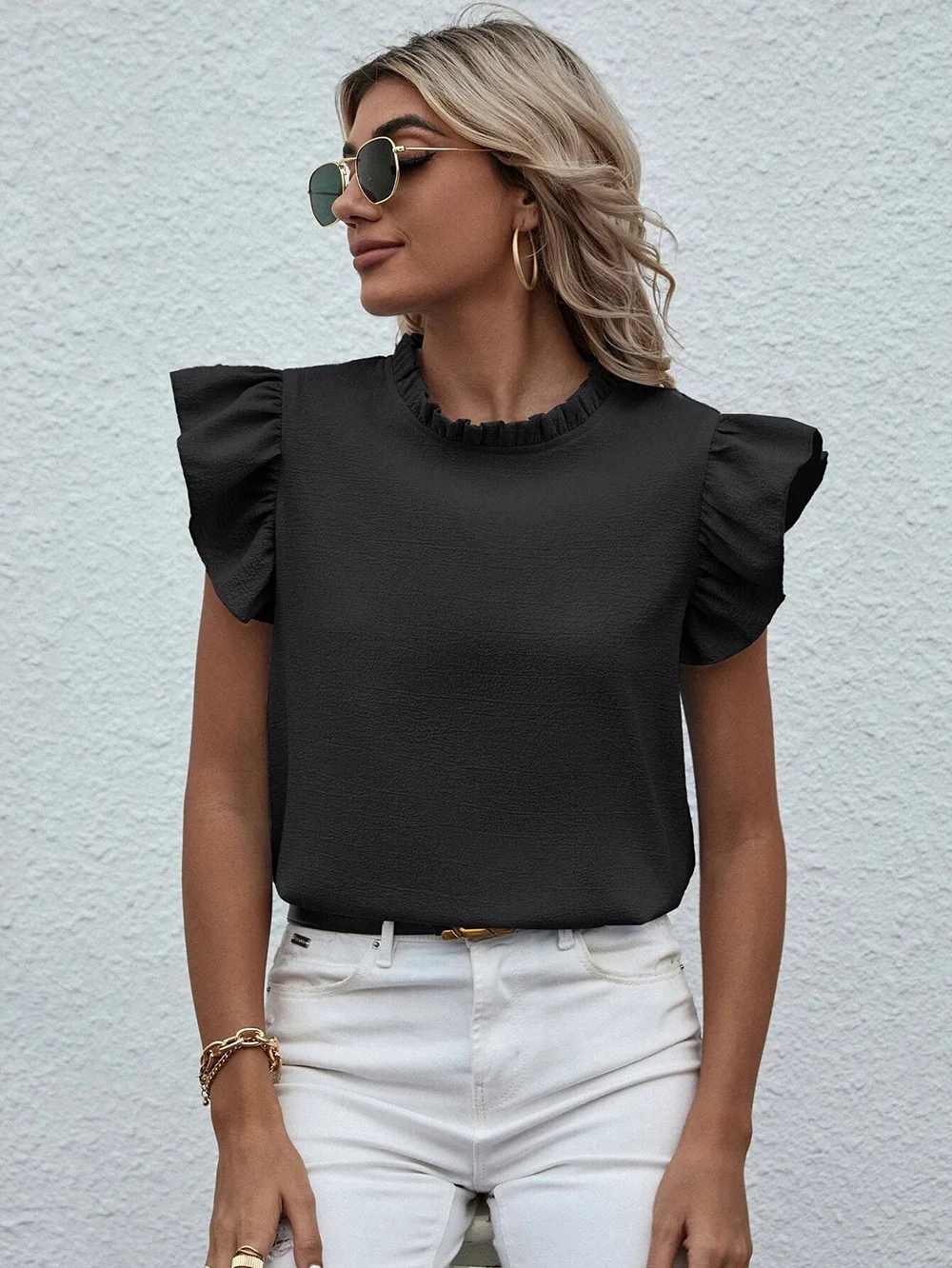 Elegant Ruffles Sleeveless O Neck Loose Blouse Women Summer Casual Solid Shirt Office Lady Chic Simple Luxury Tops Streetwear