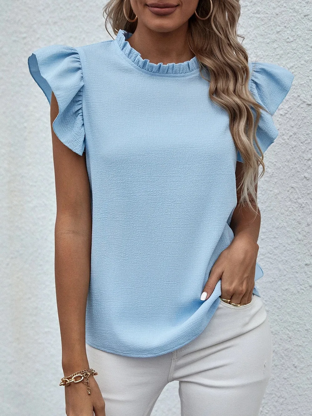 Elegant Ruffles Sleeveless O Neck Loose Blouse Women Summer Casual Solid Shirt Office Lady Chic Simple Luxury Tops Streetwear