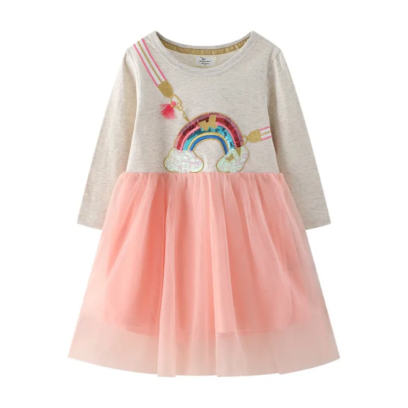 Jumping Meters Long Sleeve Princess Rainbow Children's Costume Autumn Spring Hot Selling Baby Birthday Tutu Dresses Kids Frocks