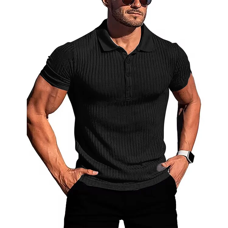 Men's running sports fitness wear summer high stretch vertical short-sleeved POLO shirt slim knit base shirt