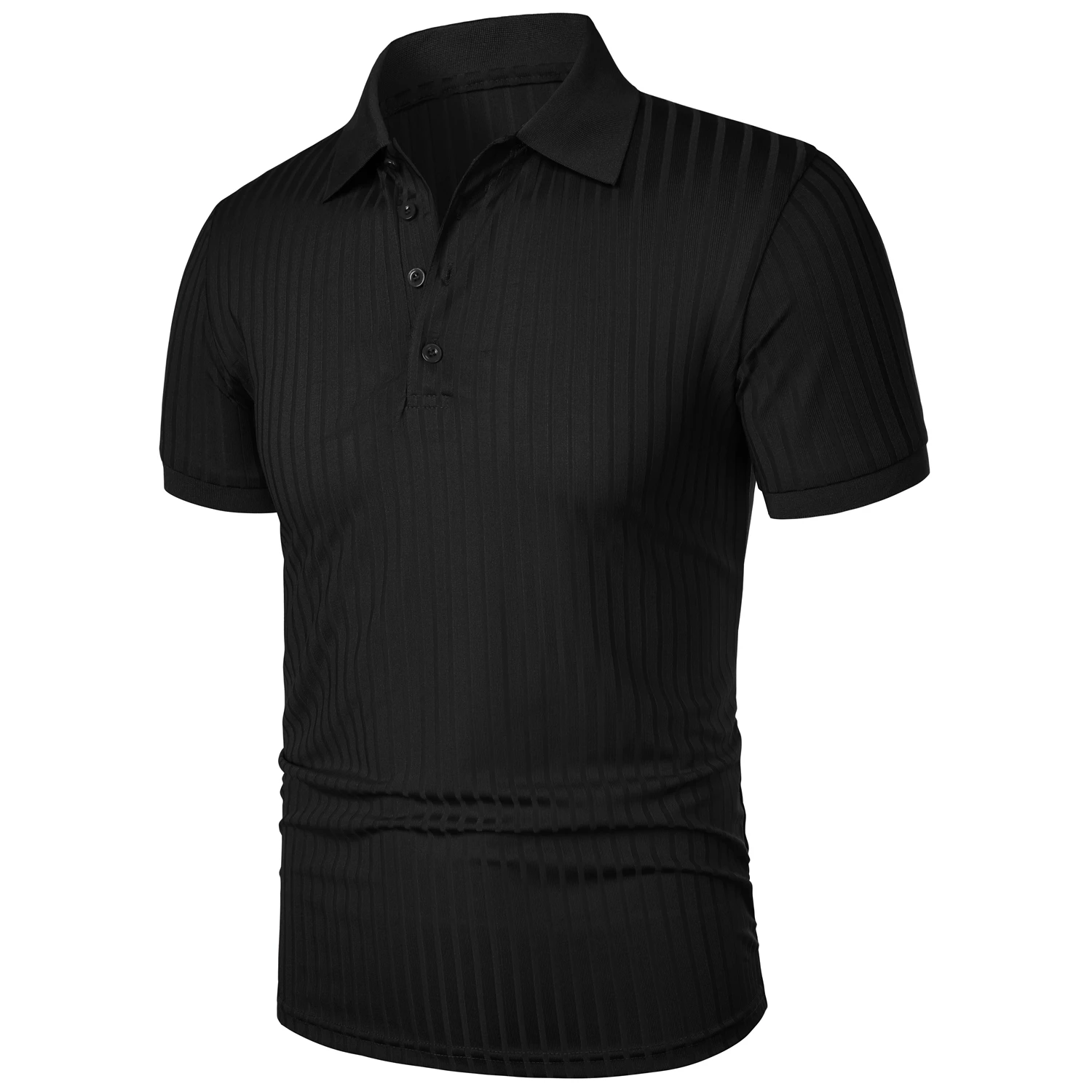 Men's running sports fitness wear summer high stretch vertical short-sleeved POLO shirt slim knit base shirt