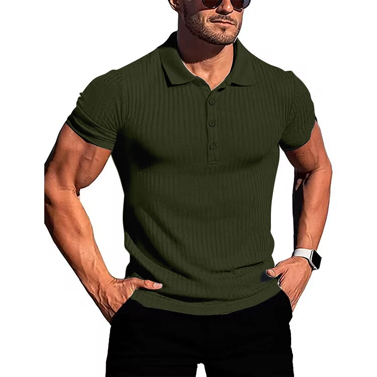 Men's running sports fitness wear summer high stretch vertical short-sleeved POLO shirt slim knit base shirt