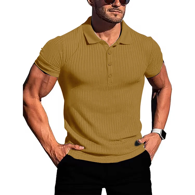 Men's running sports fitness wear summer high stretch vertical short-sleeved POLO shirt slim knit base shirt
