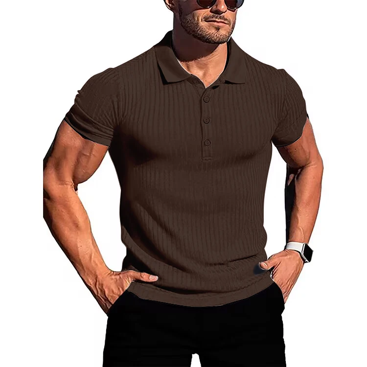 Men's running sports fitness wear summer high stretch vertical short-sleeved POLO shirt slim knit base shirt