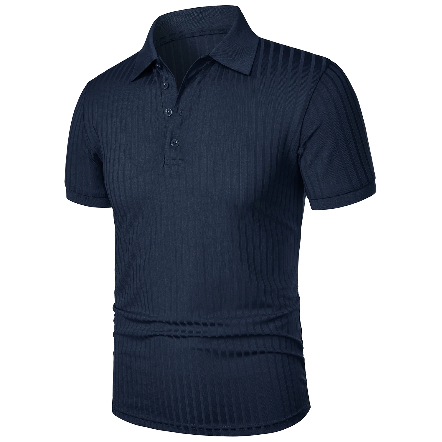 Men's running sports fitness wear summer high stretch vertical short-sleeved POLO shirt slim knit base shirt