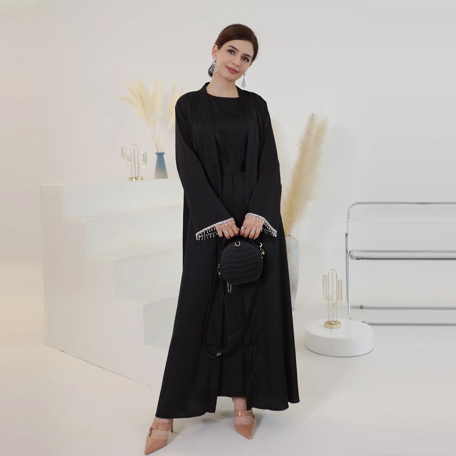 Latest diamond beading Kimono Muslim Robe abaya syari female full length Tassel Muslim abaya Worship Service abayas Sets wy1673