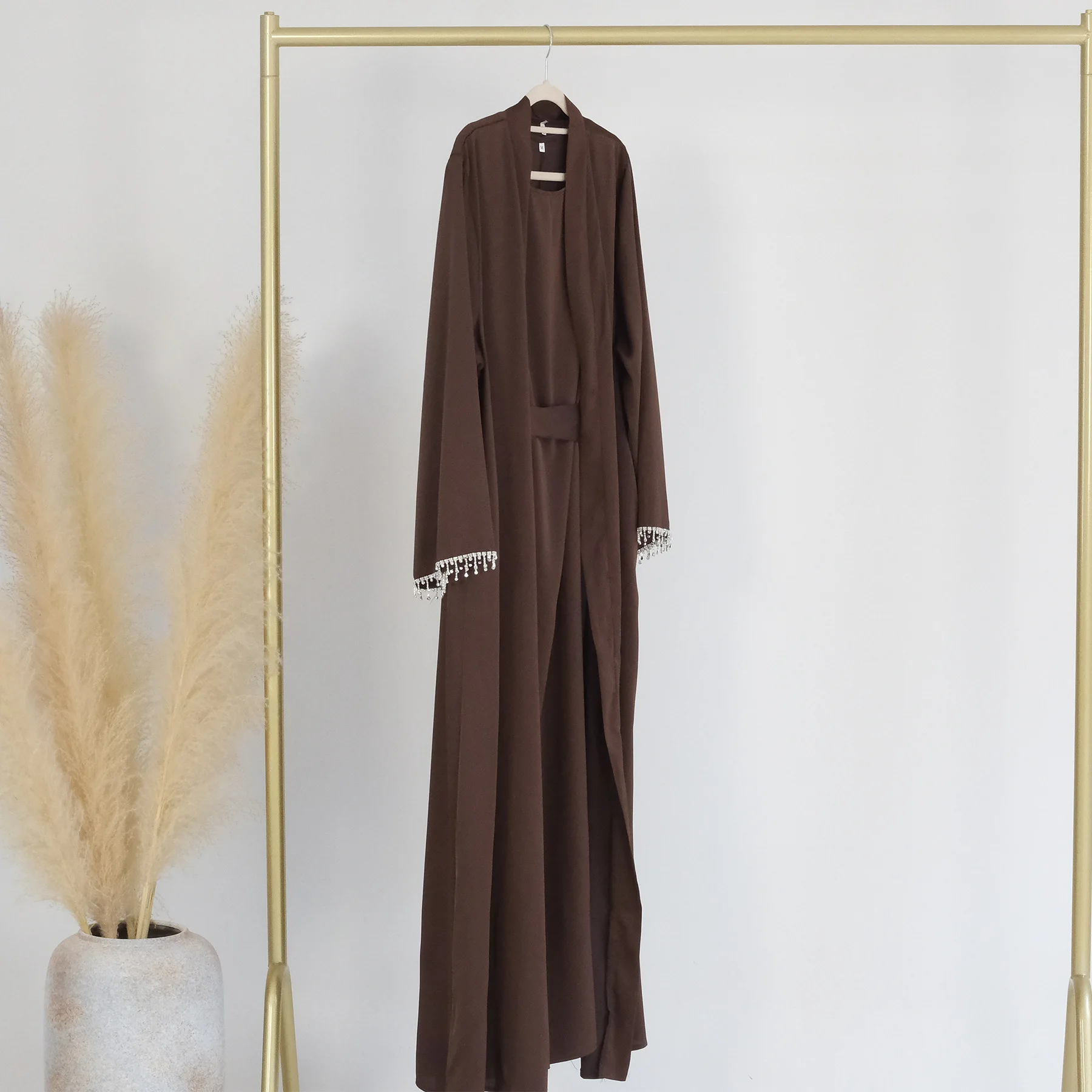 Latest diamond beading Kimono Muslim Robe abaya syari female full length Tassel Muslim abaya Worship Service abayas Sets wy1673