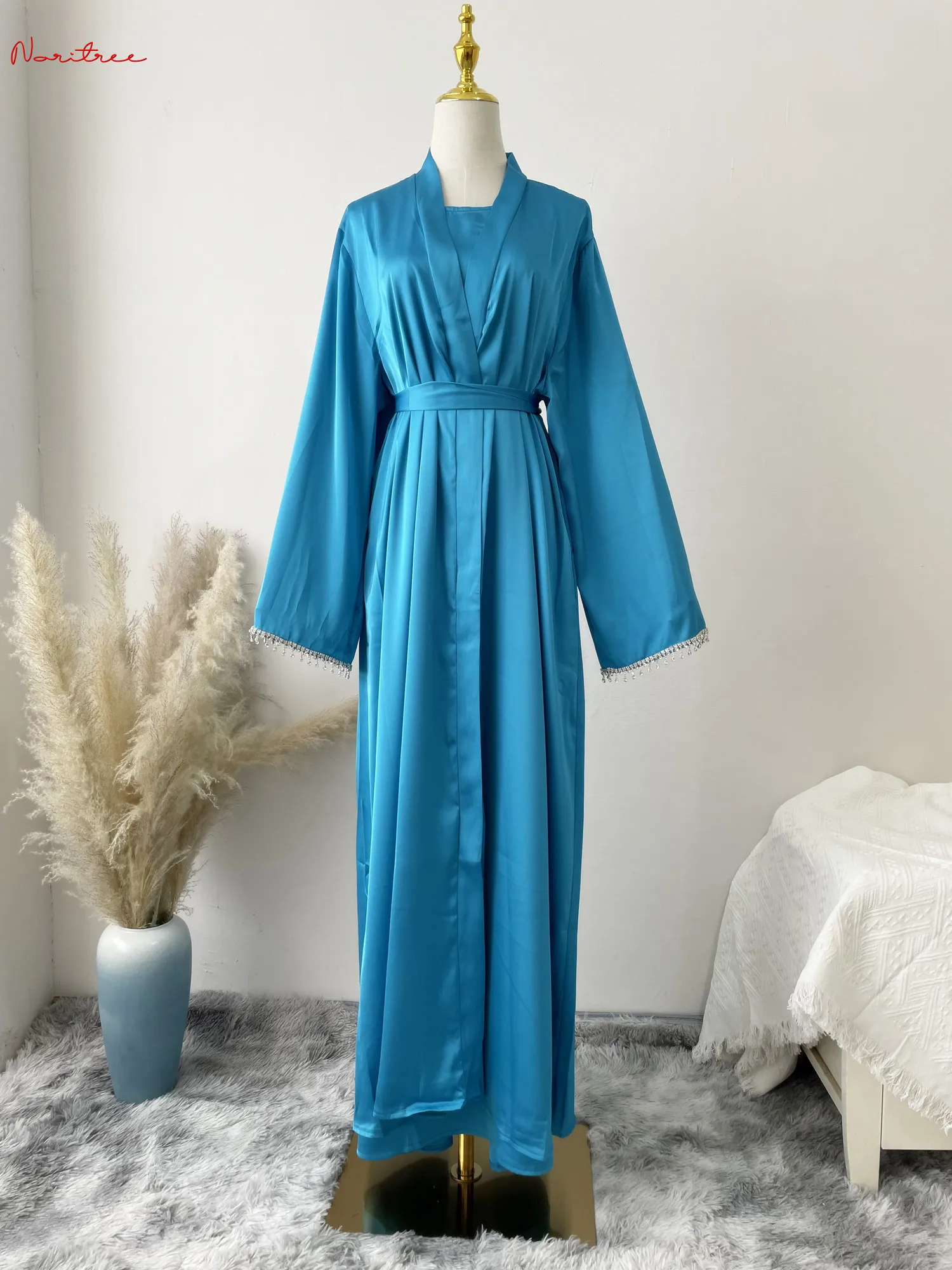 Latest diamond beading Kimono Muslim Robe abaya syari female full length Tassel Muslim abaya Worship Service abayas Sets wy1673