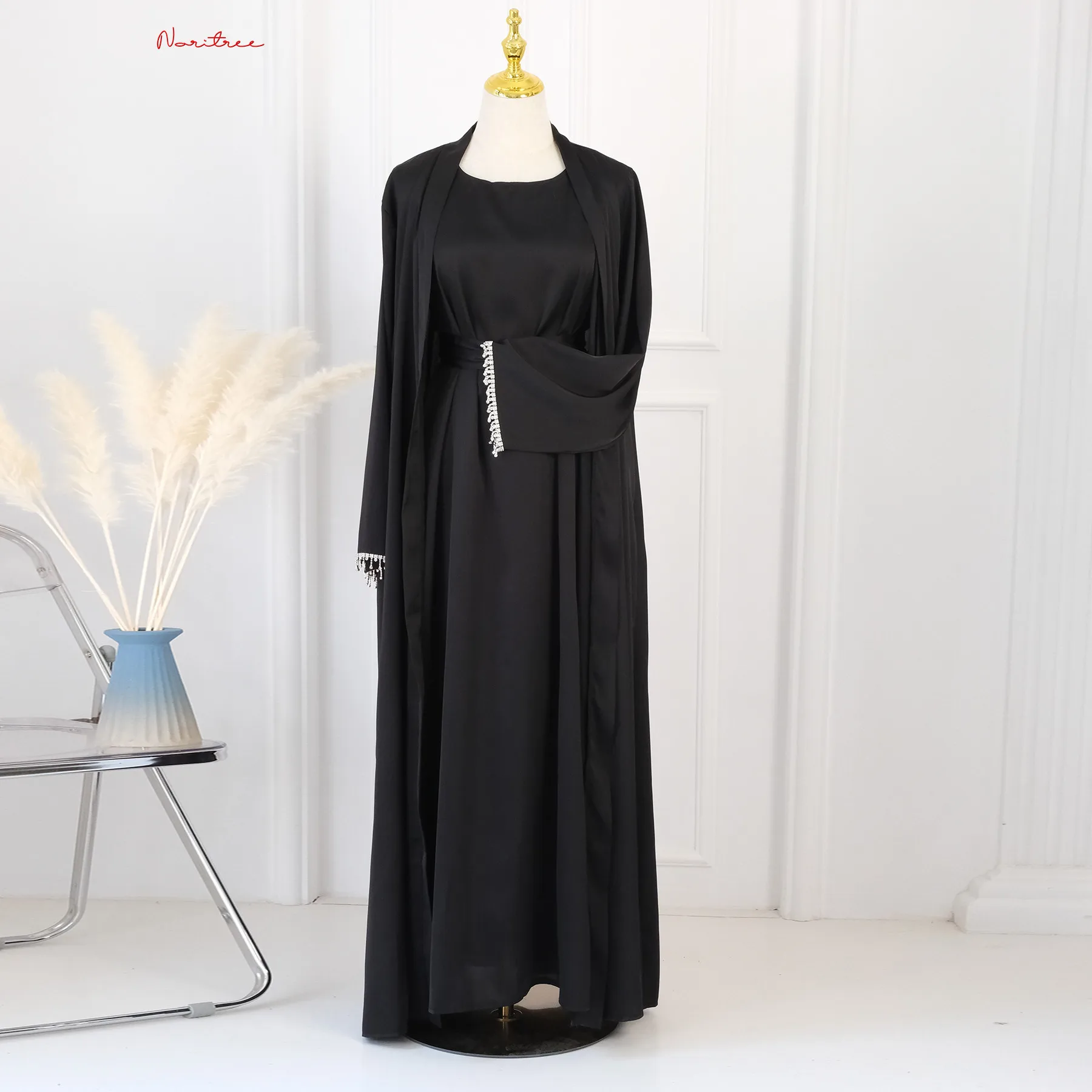 Latest diamond beading Kimono Muslim Robe abaya syari female full length Tassel Muslim abaya Worship Service abayas Sets wy1673
