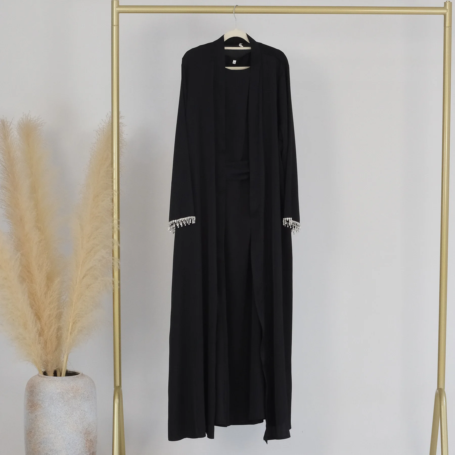 Latest diamond beading Kimono Muslim Robe abaya syari female full length Tassel Muslim abaya Worship Service abayas Sets wy1673