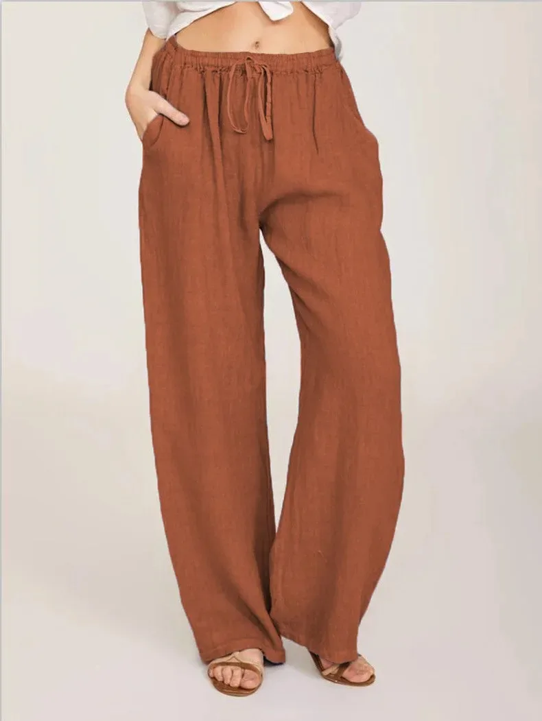 Women's Cotton Linen Pants Casual Loose Solid Elastic Waist Pocket Straight Trousers Ladies Oversize Wide Leg Pant Streetwear